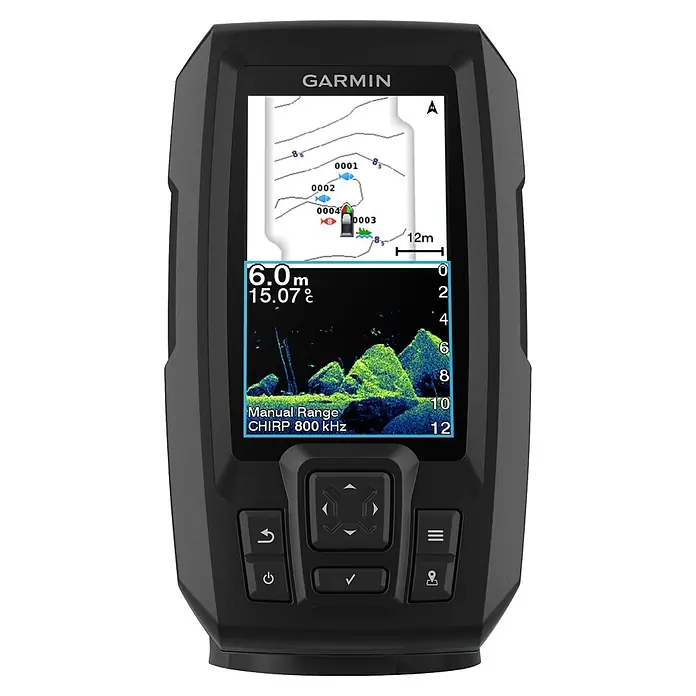 Garmin Fishfinder Striker Vivid 4cv - Geber: GT20 Geber, Bildschirmtyp: WVGA-Farbdisplay - Schwarzer Garmin Fischfinder mit Farbbildschirm, der Sonardaten, Tiefe (6,0m), Temperatur (15,07°C), eine Karte und Bedientasten anzeigt.