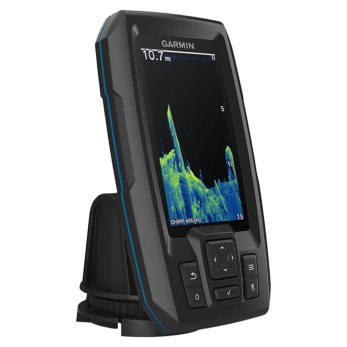 Garmin Fishfinder Striker Vivid 4cv - Geber: GT20 Geber, Bildschirmtyp: WVGA-Farbdisplay - Garmin Fischfinder, dunkelgrau mit blauen Akzenten, zeigt Sonardaten und Tiefe 10,7m auf schwarzem Bildschirm, auf schwarzem Ständer.