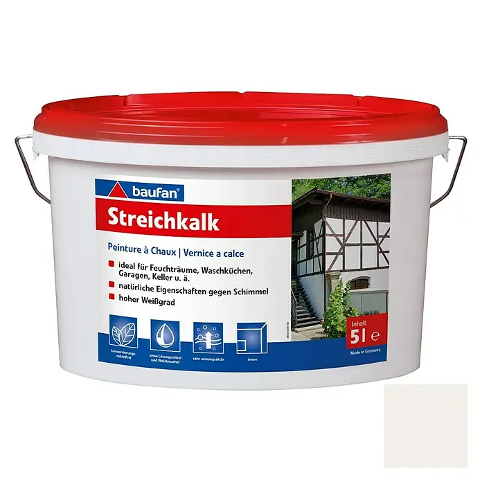 Baufan Wandfarbe Streichkalk - Weiß, Matt, 5 l - Dose Streichkalk von Baufan, ideal für Feuchträume, Waschküchen, Garagen und Keller. Konservierungsmittelfrei und ohne Lösungsmittel, Inhalt 5 l.