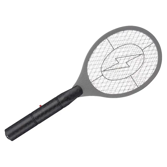 Matainsectos eléctrico raqueta - Funciona con pilas - Raqueta eléctrica gris para insectos con mango negro y símbolo de rayo en la rejilla.