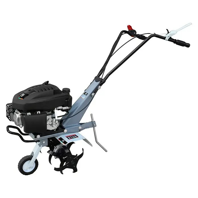 Azada de gasolina Le Mans 150 - 2,6 kW, 4 tiempos, Recomendación máxima de superficie: 300 m² - En la imagen se ve una motoazada, una herramienta de jardinería para remover y voltear la tierra, ideal para trabajos de jardín.