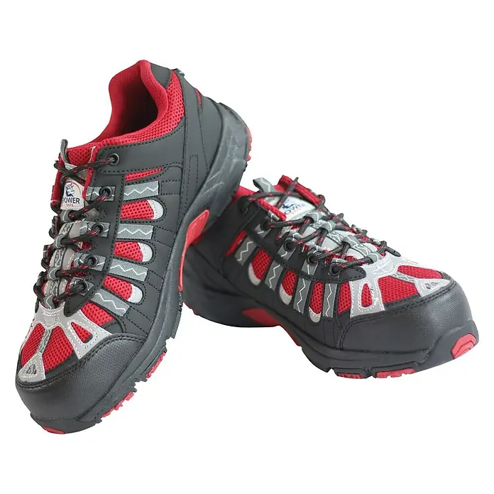 Power Safe Sicherheitshalbschuh Nick - Schuhgröße: 36, S1 - Schwarze und rote Wanderschuhe mit Schnürsenkeln für optimalen Halt und Komfort bei Outdoor-Aktivitäten.