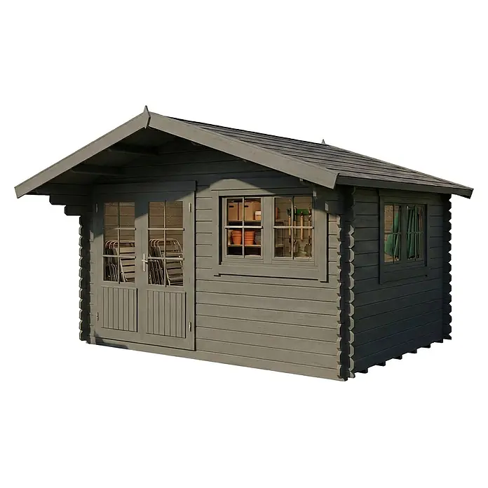Alpholz Gartenhaus Gabriel 400 x 300 cm - Außenmaß inkl. Dachüberstand (B x T): 435 x 367 cm, Holz, Grau - Graues Gartenhaus aus Holz mit zwei Türen und Fenstern, die Gegenstände im Inneren zeigen.