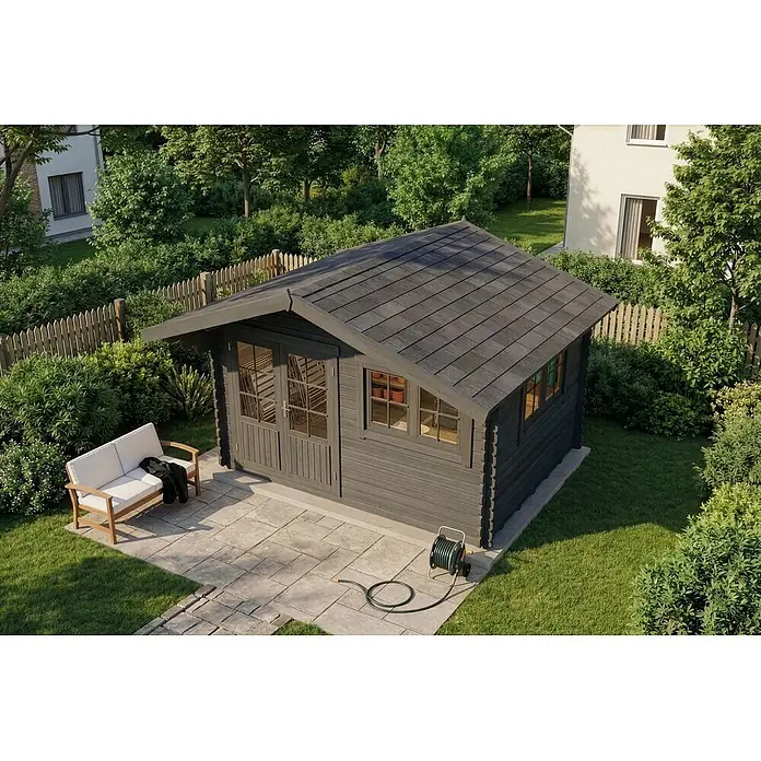 Alpholz Gartenhaus Gabriel 400 x 300 cm - Außenmaß inkl. Dachüberstand (B x T): 435 x 367 cm, Holz, Grau - Dunkelgraues Gartenhaus aus Holz mit Schindeldach auf gepflasterter Terrasse in üppigem Garten.