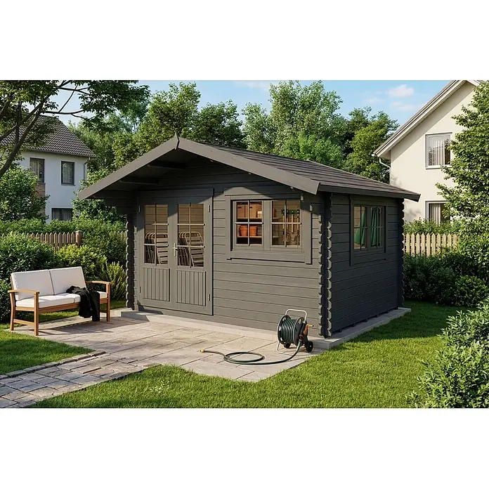 Alpholz Gartenhaus Gabriel 400 x 300 cm - Außenmaß inkl. Dachüberstand (B x T): 435 x 367 cm, Holz, Grau - Dunkelgraues Holzgartenhaus mit Doppeltüren und Fenstern.
