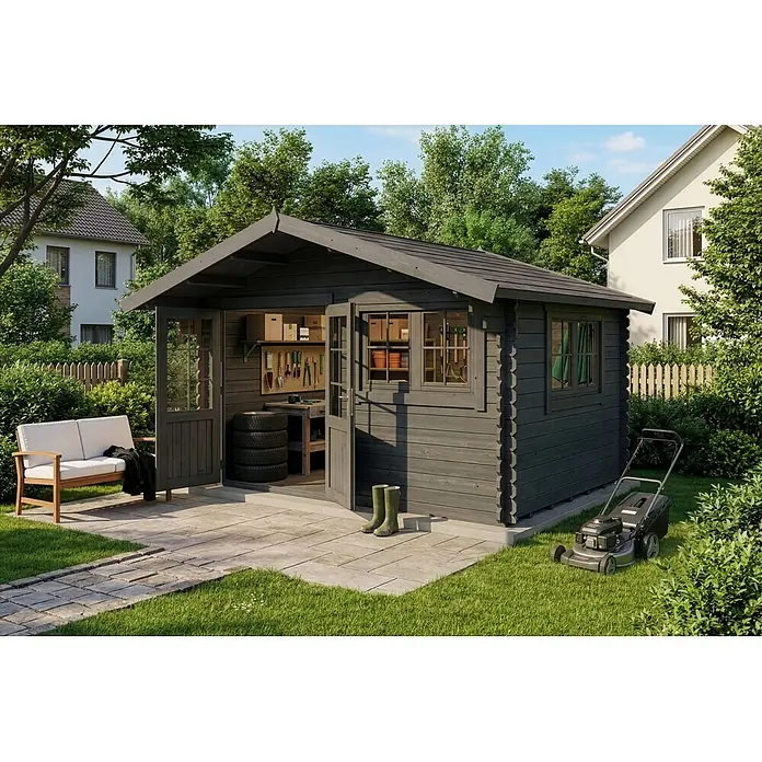 Alpholz Gartenhaus Gabriel 400 x 300 cm - Außenmaß inkl. Dachüberstand (B x T): 435 x 367 cm, Holz, Grau - Anthrazitfarbener Holz-Gartenschuppen, als Werkstatt eingerichtet, mit Werkzeugen und Lagerraum, im Garten.