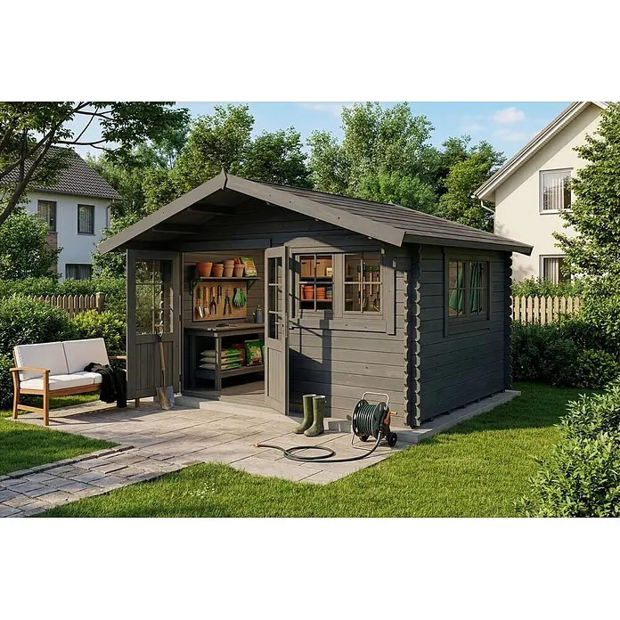 Alpholz Gartenhaus Gabriel 400 x 300 cm - Außenmaß inkl. Dachüberstand (B x T): 435 x 367 cm, Holz, Grau - Ein dunkelgrauer Holzgartenhaus mit offener Tür, das Gartengeräte und Töpfe zeigt, auf einer Terrasse in einem Garten.