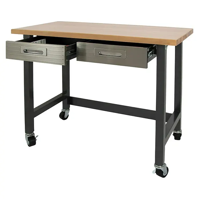 Werkbank mit Rollen - L x B: 61 x 122 cm, Arbeitshöhe: 95,5 cm, Belastbarkeit: 130 kg, Anthrazit/Silber - Kücheninsel aus Holz mit zwei Schubladen. Die Arbeitsplatte ist aus Holz, das Gestell ist aus Metall und hat Rollen.
