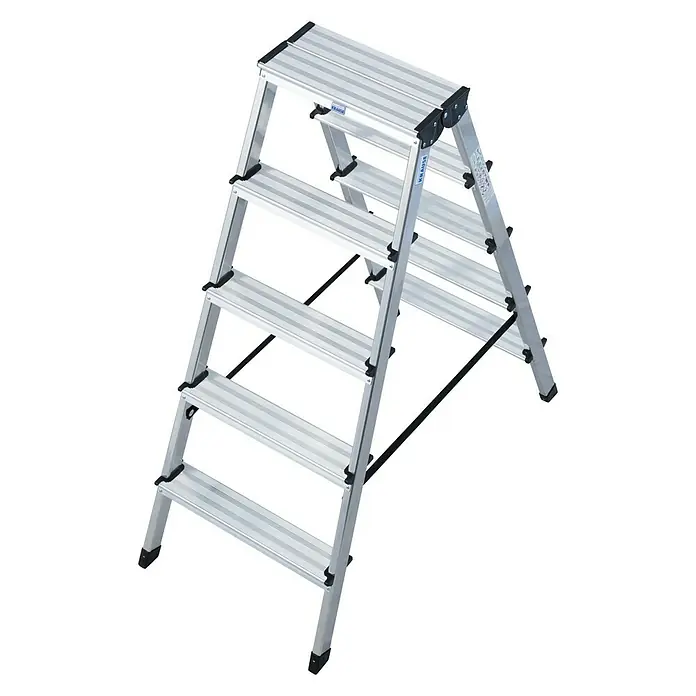 Krause Monto Doppel-Stehleiter Dopplo - Arbeitshöhe: 2,65 m, Anzahl Tritte: 10 Stk., Belastbarkeit: 150 kg, Aluminium - Silberne Klapptrittleiter mit vier Stufen für den sicheren Einsatz im Haushalt oder bei Renovierungsarbeiten. Praktisch und platzsparend.