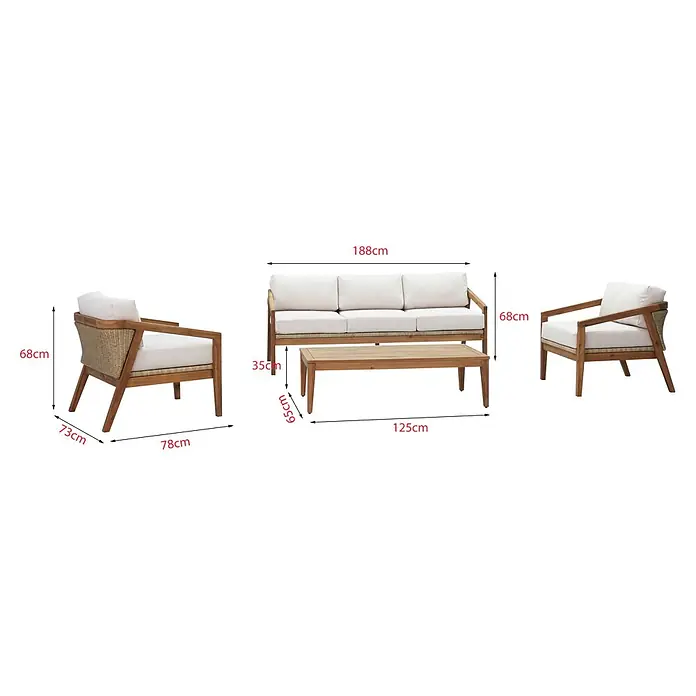 Sunfun Conjunto de muebles Anna - 4 pzs., Madera de acacia, Marrón - Conjunto de asientos de exterior de madera con sofá, dos sillones y mesa de centro, con cojines blancos y detalles trenzados.