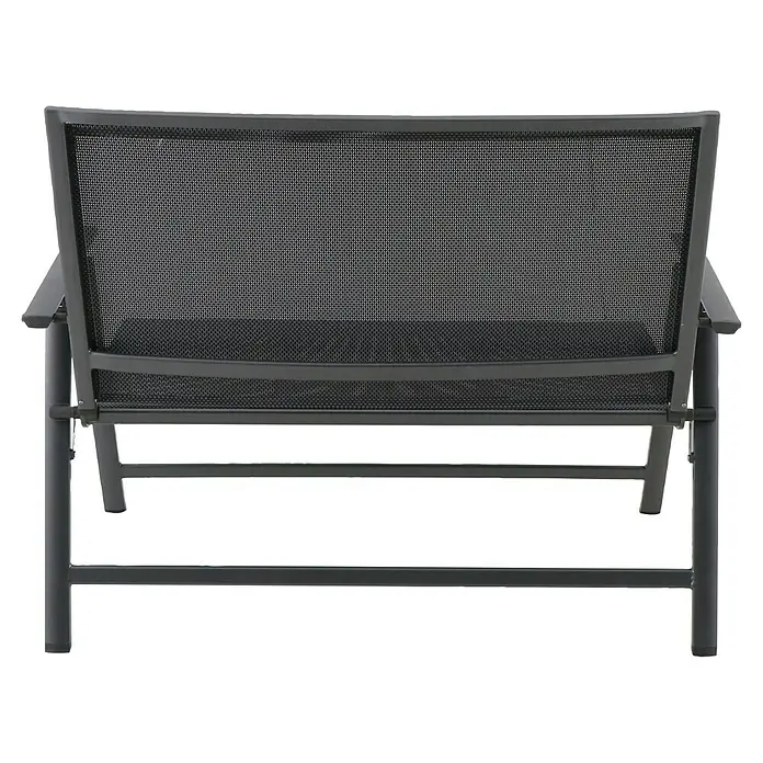 Sunfun Maja Gartenbank - B x T x H: 119 x 67 x 96 cm, Textilen, Anthrazit, Klappbar - Rückansicht eines modernen Gartenstuhls mit schwarzem Netzstoff und dunklem Metallrahmen. Der Stuhl wirkt stabil und komfortabel.