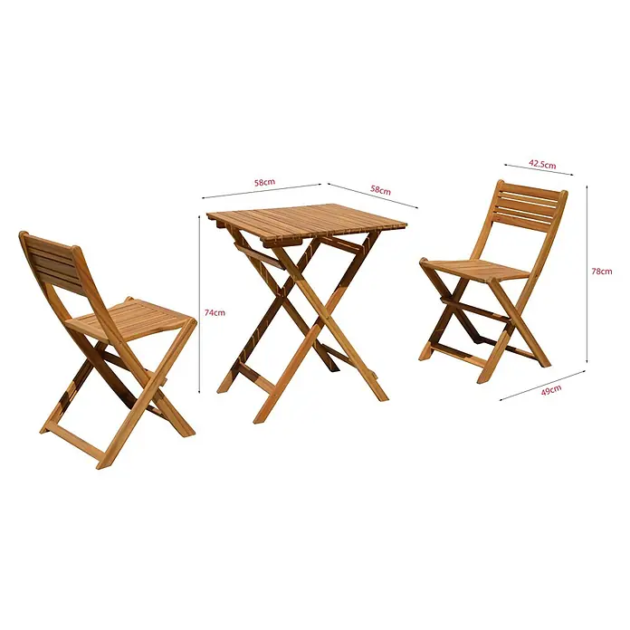 Conjunto de muebles de balcón Bristol - 3 pzs., Madera de acacia, Marrón - Mesa plegable de madera y dos sillas plegables de madera a juego con medidas.