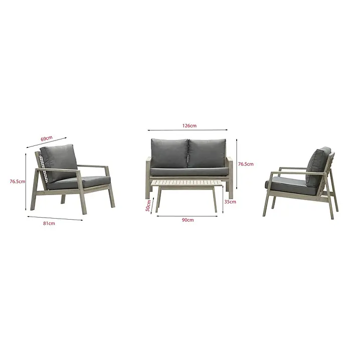 Sunfun Conjunto de muebles Chenoa - 4 pzs., Madera de acacia, Marrón - Conjunto de salón exterior de madera clara con cojines gris oscuro: dos sillones, un sofá de dos plazas y una mesa de café.