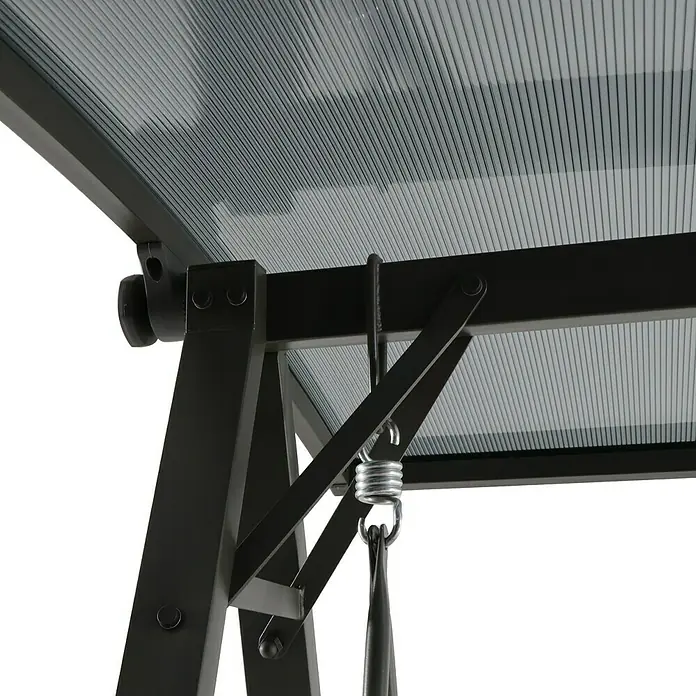 Sunfun Maja Hollywoodschaukel - B x T x H: 235 x 135 x 182 cm, Stahl, Anthrazit, Liegefunktion - Detailansicht einer Outdoor-Hollywoodschaukel mit schwarzem Metallgestell und einem transparenten, gerippten Dach für entspannte Stunden im Freien.