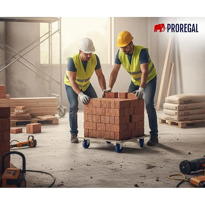 Proregal Transportroller HERCULES 6 Stück mit Bremse - L x B x H: 60 x 80 x 16 cm, Traglast: 800 kg, Holz - Bauarbeiter transportieren einen Stapel roter Ziegelsteine auf einem Rollwagen auf einer Baustelle.