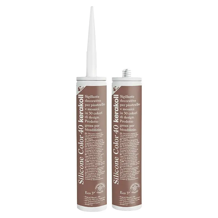 Kerakoll Silicona universal Color - Tono de color: 40, 310 ml - Imagen de dos tubos de Silicone Color 40 Kerakoll, un sellador decorativo para azulejos y mosaicos, disponible en 50 colores.
