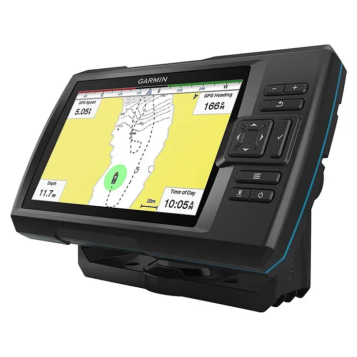 Garmin Fishfinder Striker Vivid 7cv - Geber: GT20 Geber, Bildschirmtyp: WVGA-Farbdisplay - Dunkelgrauer Garmin Marine-Kartenplotter mit blauen Akzenten, zeigt Navigationskarte mit Geschwindigkeit, Tiefe und Kurs, auf Halterung montiert.