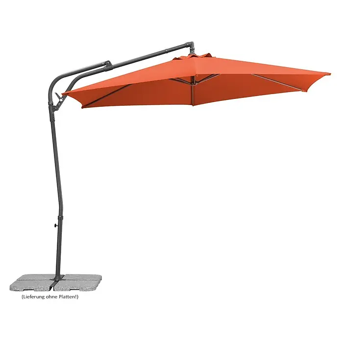 Schneider Sunny Ampelschirm rund Genua - Terracotta, Durchmesser Bespannung: 300 cm - Oranger Ampelschirm mit dunkelgrauem Gestell und Ständer, und einer Basis aus grauen quadratischen Platten.