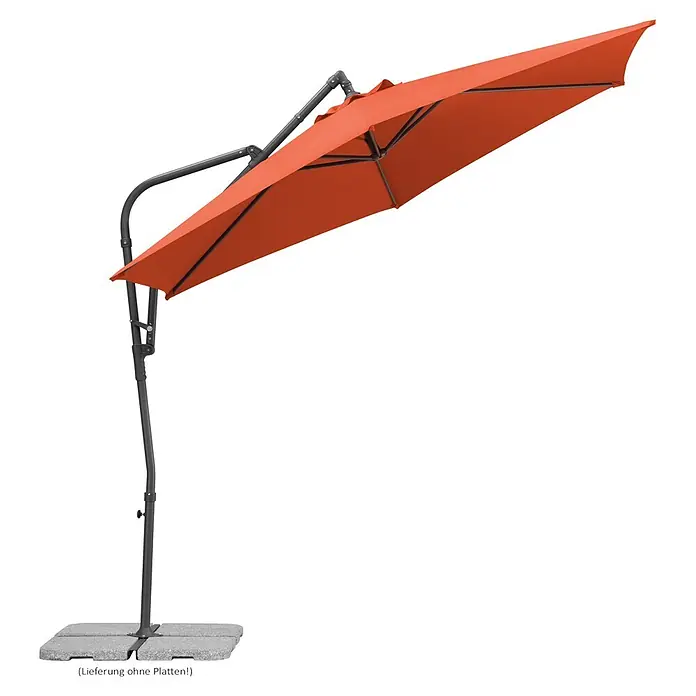 Schneider Sunny Ampelschirm rund Genua - Terracotta, Durchmesser Bespannung: 300 cm - Orange Ampelschirm mit grauem Metallgestell und quadratischem Standfuß.