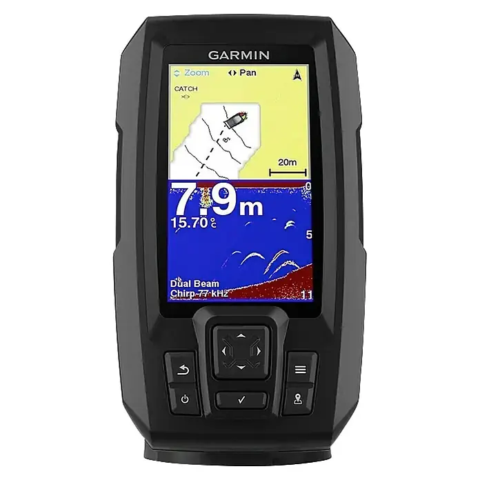 Garmin Fishfinder Striker Plus 4 - Geber: Garmin Dual-Beam Geber, Bildschirmtyp: WVGA-Farbdisplay - Schwarzer Garmin Fischfinder mit Sonardaten, Navigationskarte und Bedientasten.