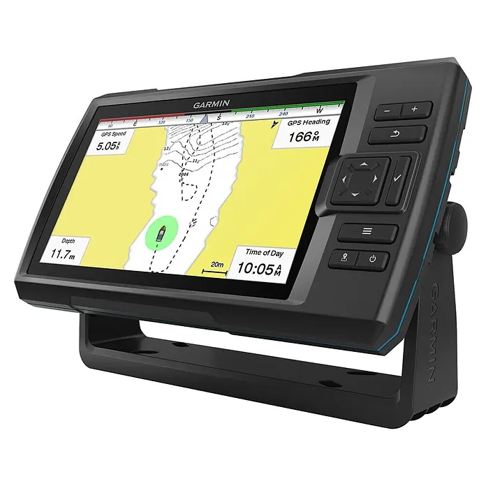 Garmin Fishfinder Striker Vivid 9sv - Geber: GT52 Geber, Bildschirmtyp: WVGA-Farbdisplay - Schwarzes Garmin Marine-Kartenplotter/Echolot mit Bildschirm für Navigationsdaten auf dunklem Ständer.