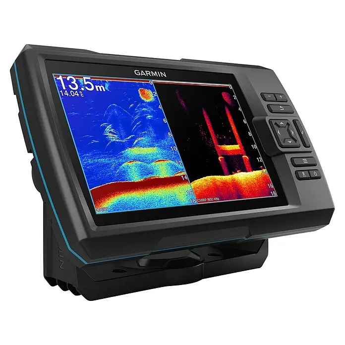 Garmin Fishfinder Striker Vivid 7cv - Geber: GT20 Geber, Bildschirmtyp: WVGA-Farbdisplay - Dunkelgrauer Garmin Fischfinder mit farbigem Sonardisplay, das Tiefe und Unterwasserstrukturen zeigt, angewinkelte Ansicht mit Tasten.