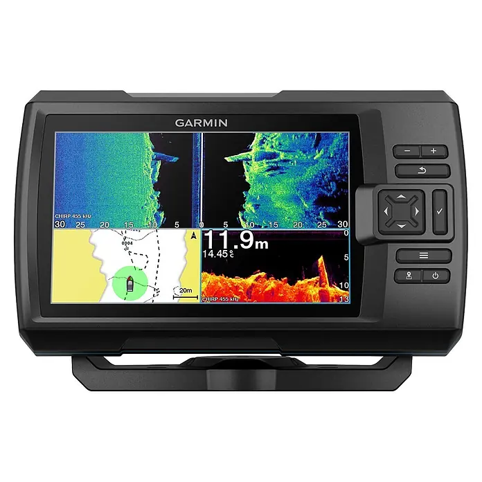 Garmin Fishfinder Striker Vivid 7sv - Geber: GT52 Geber, Bildschirmtyp: WVGA-Farbdisplay - Schwarzes Garmin Marine-GPS- und Fischfinder-Display, das Sonarbilder, Tiefe, Temperatur und eine Navigationskarte mit einem Boot anzeigt. Mit Bedientasten.