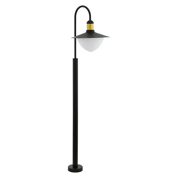 Eglo Lámpara de pie para exterior Sirmione - 60 W, Color del marco: Negro, 34 x 27 x 120 cm, Sin bombillas - Elegante lámpara negra de exterior con acento dorado y globo de cristal redondo y lechoso. Perfecta para iluminación de jardín y caminos con estilo.