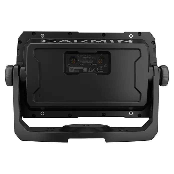 Garmin Fishfinder Striker Vivid 5cv - Geber: GT20 Geber, Bildschirmtyp: WVGA-Farbdisplay - Rückansicht eines schwarzen Garmin Striker Vivid 5cv Fischfinders mit Anschlüssen und Seriennummer an einer Halterung.