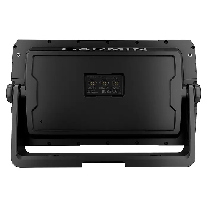 Garmin Fishfinder Striker Vivid 9sv - Geber: GT52 Geber, Bildschirmtyp: WVGA-Farbdisplay - Rückansicht eines schwarzen Garmin STRIKER Vivid 9sv Echolots auf Halterung, mit XDCR, SIDEVÜ und POWER Anschlüssen.