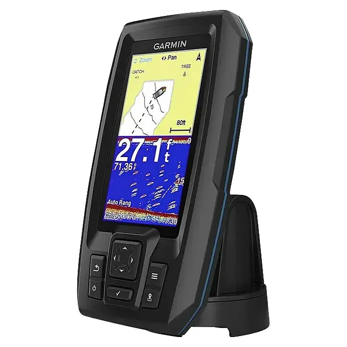 Garmin Fishfinder Striker Plus 4 - Geber: Garmin Dual-Beam Geber, Bildschirmtyp: WVGA-Farbdisplay - Dunkelgraues Garmin Fischfinder/Kartenplotter-Kombigerät mit blauen Akzenten. Zeigt Navigationsdaten, Wassertiefe, Temperatur und Sonar auf dem Bildschirm, darunter Bedientasten.
