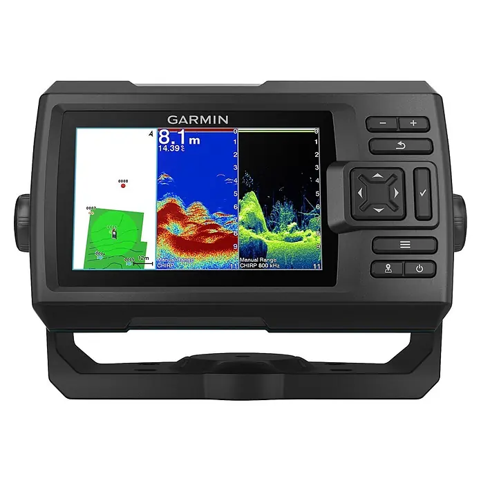 Garmin Fishfinder Striker Vivid 5cv - Geber: GT20 Geber, Bildschirmtyp: WVGA-Farbdisplay - Dunkelgraues Garmin Fischfinder mit Sonar- und Kartendatenanzeige, Bedientasten rechts.