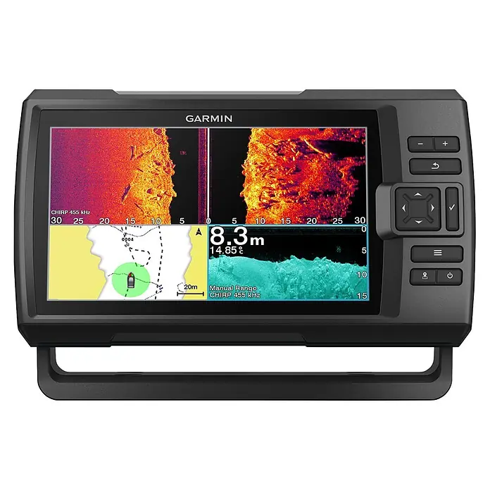 Garmin Fishfinder Striker Vivid 9sv - Geber: GT52 Geber, Bildschirmtyp: WVGA-Farbdisplay - Schwarz/dunkelgraues Garmin Marine-Display zeigt Sonar, Karte, Tiefe 8.3m, Temperatur. Mit Side-Scan-Sonar-Funktion.