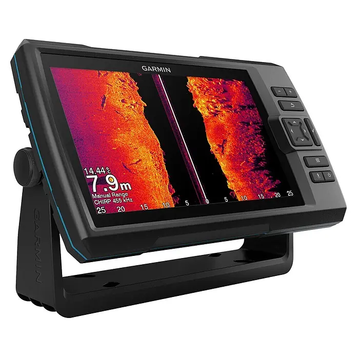 Garmin Fishfinder Striker Vivid 9sv - Geber: GT52 Geber, Bildschirmtyp: WVGA-Farbdisplay - Garmin dunkelgrauer Fischfinder/Kartenplotter mit Farbdisplay, der Sonardaten auf einem Ständer anzeigt.