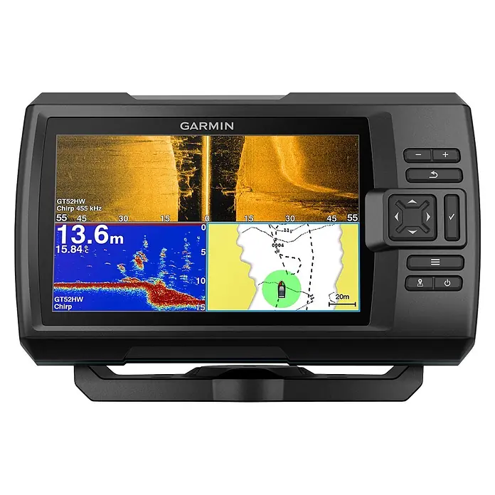 Garmin Fishfinder Striker Vivid 7sv - Geber: GT52 Geber, Bildschirmtyp: WVGA-Farbdisplay - Garmin Fishfinder mit schwarzem und grauem Gehäuse, zeigt Sonar, Tiefe und Karte auf dem Display.