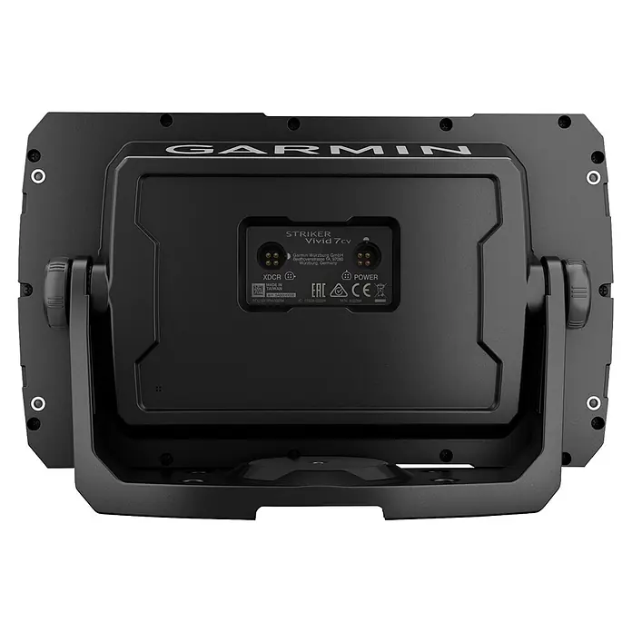 Garmin Fishfinder Striker Vivid 7cv - Geber: GT20 Geber, Bildschirmtyp: WVGA-Farbdisplay - Rückseite eines schwarzen Garmin STRIKER Vivid 7cv Fischfinders an Halterung, mit Geber- und Stromanschlüssen.