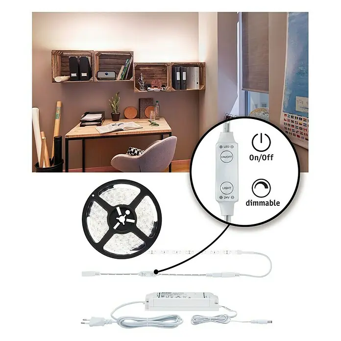 Paulmann LED-Band Power Strip - Länge: 5 m, Lichtfarbe: Neutralweiß, 50 W, 5.500 lm, 24 V - LED-Streifen-Set mit Dimmer. Dieses Set enthält einen LED-Streifen, einen Dimmer und ein Netzteil für eine einfache Installation und Anpassung der Beleuchtung.