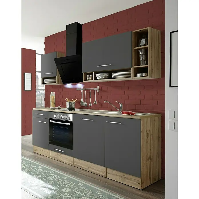 Respekta Cocina compacta Hilde - Ancho: 220 cm, Gris, Se pueden montar de forma intercambiable, Con electrodomésticos - Elegante cocina gris con detalles de madera y una campana extractora moderna, combinando estilo y funcionalidad.