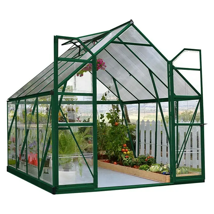 Palram – Canopia Gewächshaus Balance - Außenmaß inkl. Dachüberstand (B x T): 244 x 247 cm, 0,7 mm, Grün - Das grüne Gewächshaus mit Pflanzen, Tomaten und Gemüse bietet eine ideale Umgebung für den Anbau.