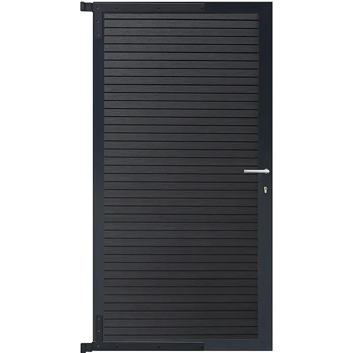 GartenLand Gartentor WPC Zaun Tor Shadowline - 90 x 175 cm, Deep Black, Verbundwerkstoff - Modernes dunkelgraues Lattenzauntor mit dunklem Rahmen, silbernem Griff und Schlüsselschloss.