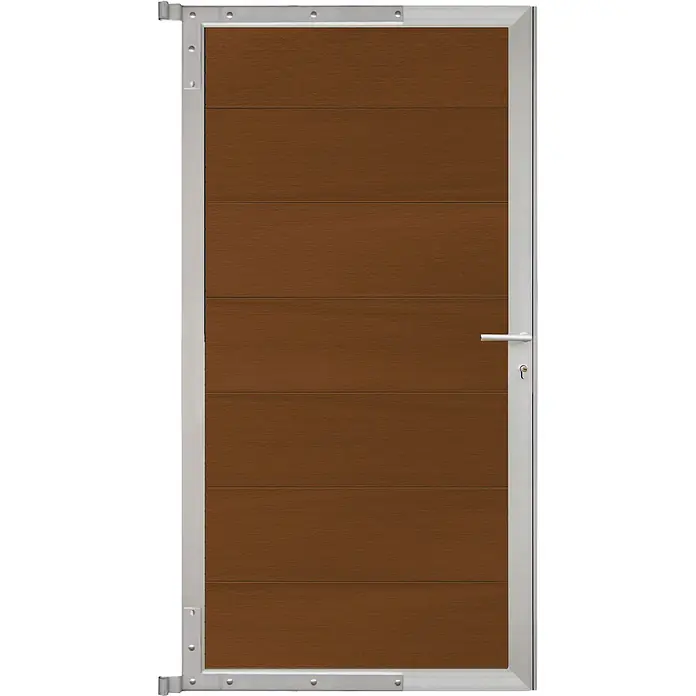 GartenLand Gartentor WPC Zaun Tor Ameland co-extrudiert - 90 x 175 cm, Ipé, Verbundwerkstoff - Braune Tür mit horizontalen Paneelen, silbernem Metallrahmen und Griff.