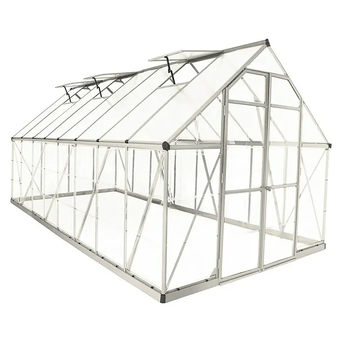Palram – Canopia Gewächshaus Balance - Außenmaß inkl. Dachüberstand (B x T): 244 x 487 cm, 0,7 mm, Silber - Ansicht eines Gewächshauses mit Aluminiumrahmen und transparenten Paneelen, das sich ideal für den Gartenbau eignet. Es bietet Schutz und optimale Bedingungen.