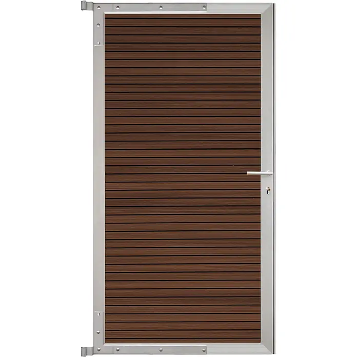 GartenLand Gartentor WPC Zaun Tor Shadowline - 90 x 175 cm, Ipé, Verbundwerkstoff - Braun lamelliertes Holztorblatt mit silbernem Metallrahmen, ausgestattet mit Griff und Schlüsselloch.