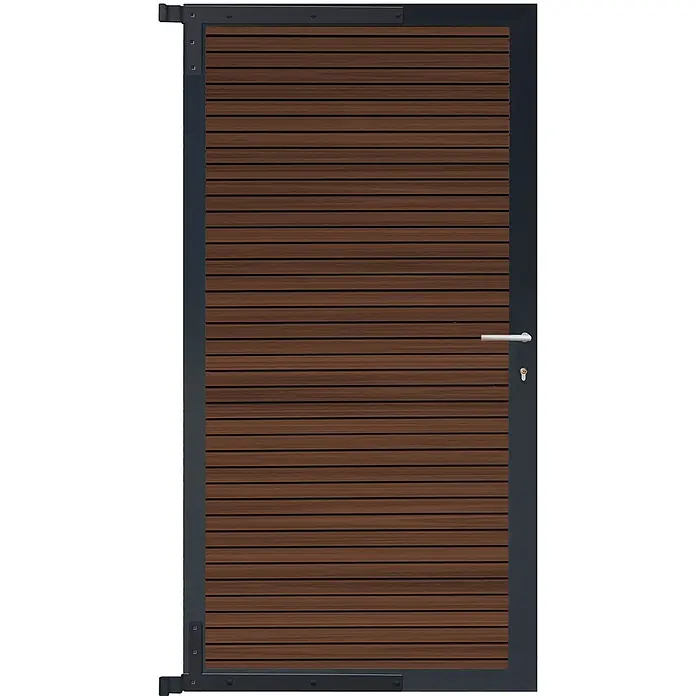 GartenLand Gartentor WPC Zaun Tor Shadowline - 90 x 175 cm, Ipé, Verbundwerkstoff - Dunkelbraunes Lamellentor mit dunkelgrauem Metallrahmen und silbernem Griff. Ideal für Garten- oder Fußgängerzugang.