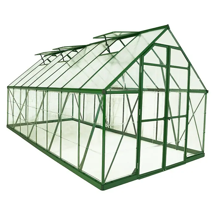 Palram – Canopia Gewächshaus Balance - Außenmaß inkl. Dachüberstand (B x T): 244 x 487 cm, 0,7 mm, Grün - Dieses Bild zeigt ein Gewächshaus mit einem grünen Rahmen und transparenten Wänden, ideal für den Gartenbau und den Anbau von Pflanzen.