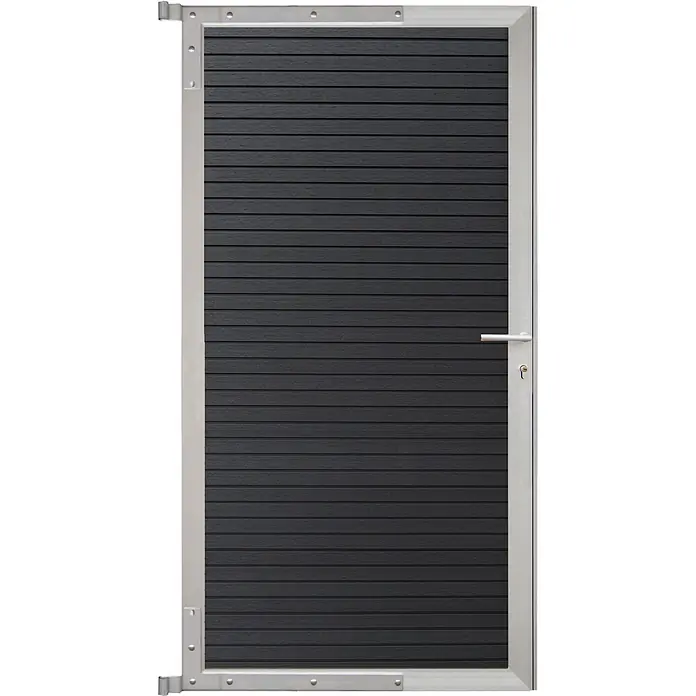 GartenLand Gartentor WPC Zaun Tor Shadowline - 90 x 175 cm, Deep Black, Verbundwerkstoff - Gartentor mit dunkelgrauen horizontalen WPC-Lamellen und einem silbernen Metallrahmen, Griff und Scharnieren.