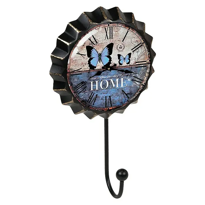 Nesu Garderobenhaken Uhr Schmetterling - L x B x H: 190 x 110 x 45 mm, Anzahl Haken: 1 Stk. - Dekorative Wandgarderobe in Form eines Kronkorkens mit Schmetterlings- und "HOME"-Motiv. Praktisch und stilvoll für jeden Raum.