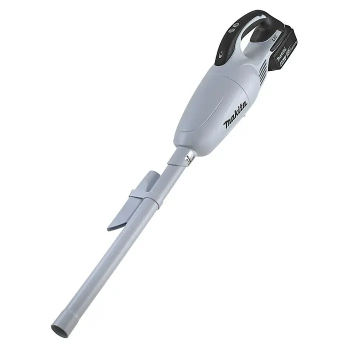 Makita LXT 18V Akku-Staubsauger DCL181FZW - 18 V, Ohne Akku - Abbildung eines kabellosen Makita-Staubsaugers mit Akku. Das Gerät ist grau und hat einen schwarzen Griff für bequemes Tragen.