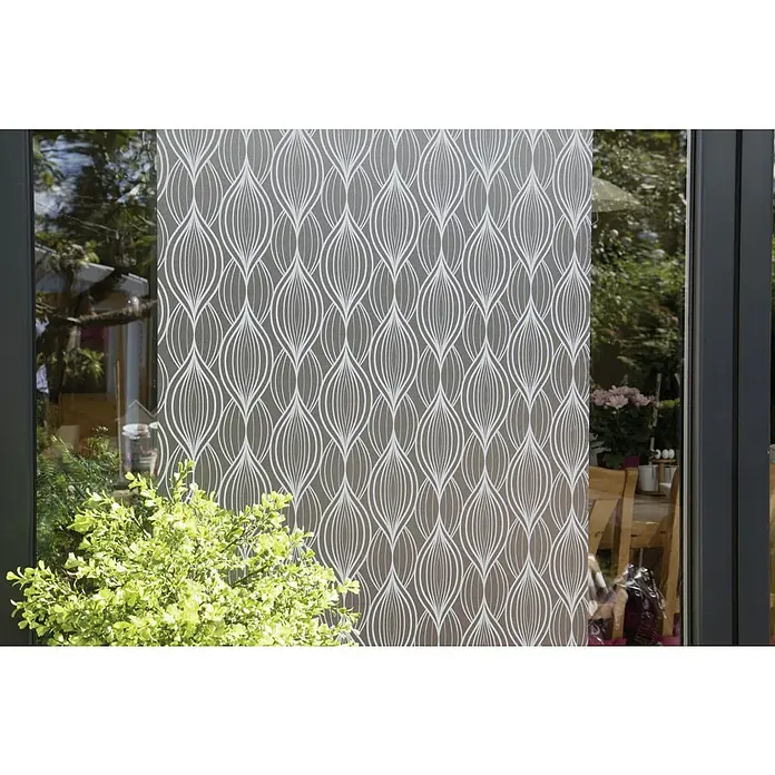D-c-fix Static Premium Glasfolie Meterware Charis - Breite: 45 cm, Transluzent, Statisch haftend - Fensterfolie mit einem modernen, abstrakten Muster aus weißen Linien auf grauem Hintergrund, die für Privatsphäre und Stil sorgt.