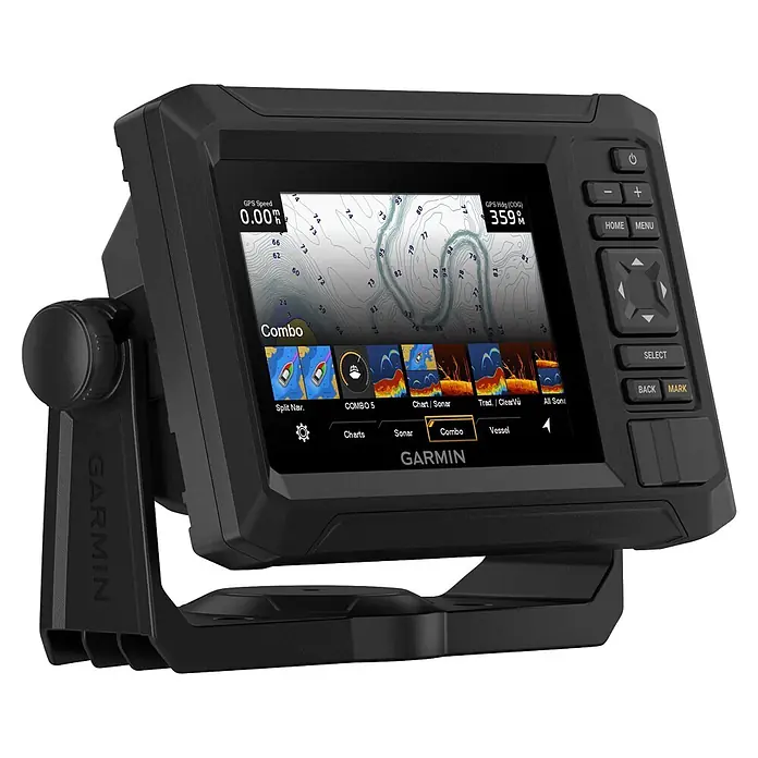 Garmin Fishfinder & Kartenplotter Echomap UHD2 - Geber: GT20 Geber, Bildschirmtyp: WVGA-Farbdisplay, L x B x H: 188 x 122 x 62 mm - Schwarzes Garmin Marine-GPS/Sonar-Gerät mit detailliertem Display und Steuertasten, auf einem Schwenkständer montiert.